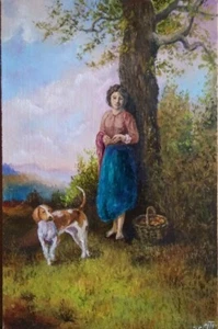 Quadro "Ragazza con cane". Olio su cartone. 8x12 inc. Fatto a mano. 2025. Senza cornice - Foto 1 di 1