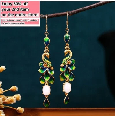 Jade Drop Dangle Earrings Peacock Cloisonne Bohemian Ear Hook 18K Gold Plated - Image 1 of 4