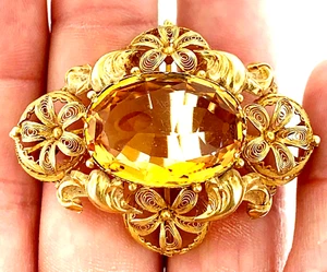 Spilla antica filo filigrana oro giallo 23 carati e 18 kt citrino 2925€ - Foto 1 di 8