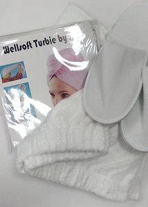 Womens White Spa Day Set Terry Towelling Cotton Sarong Hair Wrap Slippers by AWL - Picture 1 of 3
