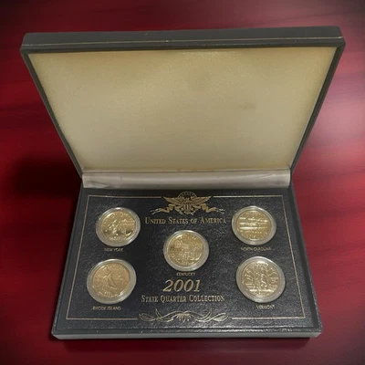 Set of 5 Gold Plate 2001 State Quarters Collection Display Case NY RI VT KY NC - Image 1 of 4