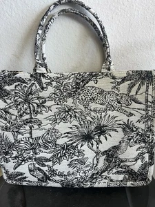 Black White Jungle Print Tote Bag Tiger Parrot Owl Toile Style Fabric - Picture 1 of 4