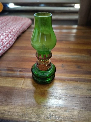 Green Glass and Brass Oil Mini Lamp Lantern 4in Miniature Kerosene Hurricane Vtg - Image 1 of 4