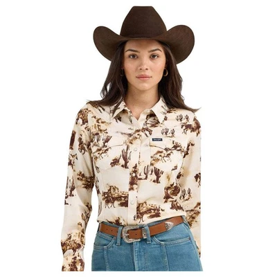 112367229 Wrangler Mujer Crema Retro Occidental Vintage Manga Larga Snap Top NUEVO Foto 1 de 4
