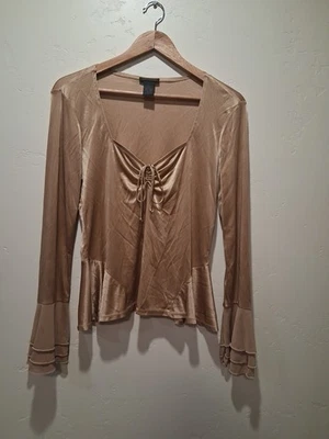 De Colección The Limited Bronce Lustroso Elástico Top Cuello Cuadrado Manga Acampanada Peplum L Foto 1 de 4