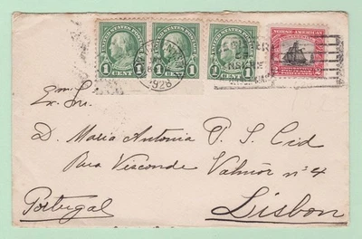 US #620 Norse Uprated w/3x #552 on 1928 [Jan 7] Cover NYC to LISBOA PORTUGAL - Image 1 of 2