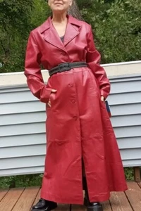NWT VTG Gorgeous Leather Coat Long Red Timeless Classy-Spy Style size Large-Tall - Picture 1 of 10