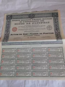 Vintage share certificate Stocks Bonds actions Bretonne Mines de Pontpean 1929 - Picture 1 of 3