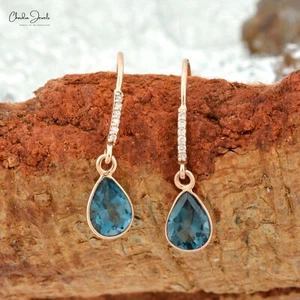 London Blue Topaz 8x6mm Pear Gemstone Earrings 14k Gold Diamond Dangle Earrings - Picture 1 of 23