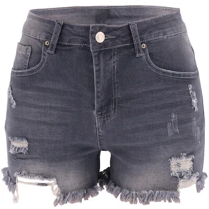 Pantalones cortos elásticos ajustados desgastados pantalones de mezclilla rasgados para mujer - Imagen 1 de 12