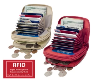 RFID BLOCKING LADY'S GENUINE LEATHER ACCORDION ZIP WALLET CREDIT CARD ORGANIZER - Picture 1 of 43