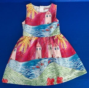 Paulinie Girls 7 Artwork Dress Sun Flowers Fish Pond Houses Kid's Drawing Scene - Picture 1 of 10