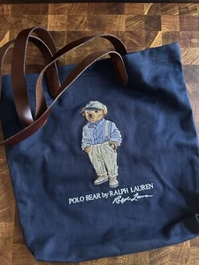 NWT Polo Ralph Lauren Navy Cotton Twill Embroidered BEAR Tote Bag - Picture 1 of 5