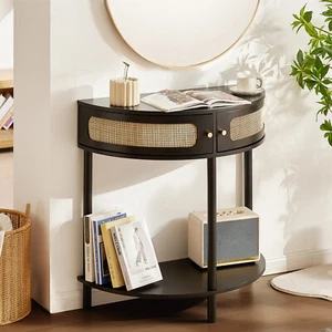 VEVOR Half-moon Rattan Console Table 2 Storage Drawers Rattan Sliding Door Black - Picture 1 of 12