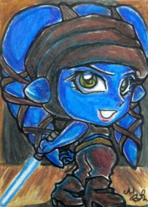 Star Wars Aayla Secura Geonosian Chibi Anime Art Sketch Card Drawing ACEO Maia - Picture 1 of 3