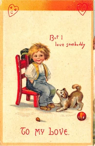 Ellen Clapsaddle Signed Valentine Boy Chair Puppy Ball "To My Love" Postcard - Picture 1 of 2