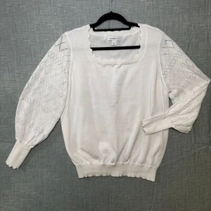 Liz Claiborne White Pointelle Knit Sweater Scalloped Neckline Balloon Sleeves XL - Picture 1 of 8