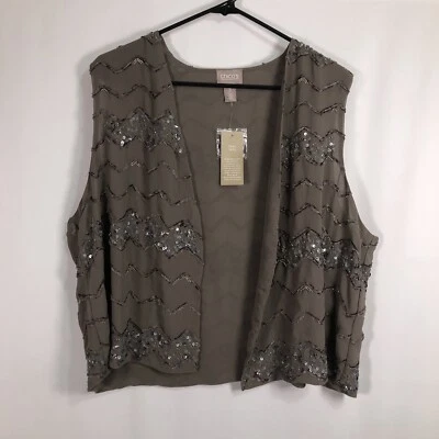 Sequin Vest Taupe Beige Open Cardigan Chevron Chico's Size 3 New with Tags - Image 1 of 4