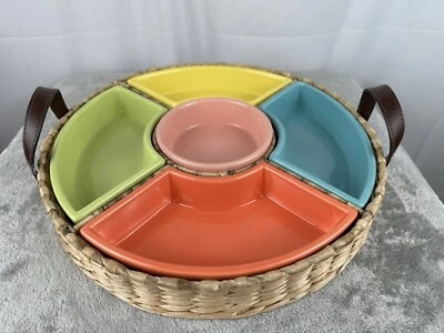 Lazy Susan Ceramic Woven Basket Serving Tray Set For Entertaining Snacks Dips - Image 1 of 4