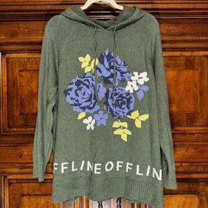 OFFLINE by Aerie Sweater Womens M Green Hooded Floral Knit Pullover Tunic Comfy - Picture 1 of 13