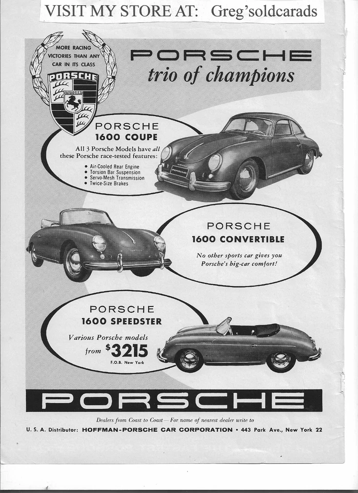 Porsche 1600 1957 original cupé, convertible y Speedster anuncio impreso vintage Foto 1 de 1