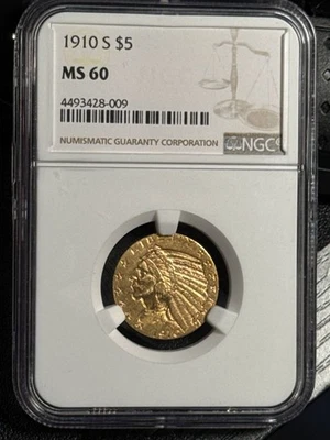 1910 S Gold Half Eagles $5 Indian Head NGC MS-60 - Image 1 of 2