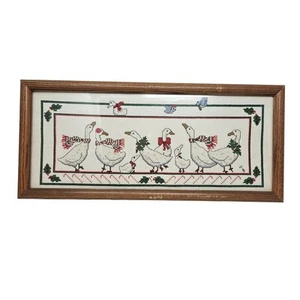 Vintage 80er Handarbeit Land Gans Nadelspitze gerahmt Weihnachten Landhaus 18x8 Zoll - Bild 1 von 4