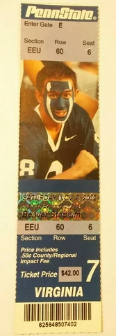2002 Penn State Nittany Lions Virginia Cavaliers NCAA Football Unused Ticket Cover
