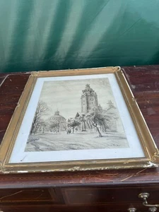 VINTAGE / ANTIK GERAHMTES KOHLE / BLEISTIFT SKIZZE KUNST BILD SIGNIERT DENNIS HANLEY - Bild 1 von 8