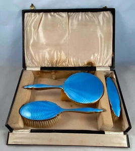 Antique Sterling English Vanity Set with Blue Guilloche Enamel Fitted Case - Picture 1 of 12
