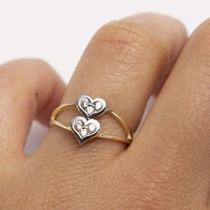 Double Heart Ring Solid 10K Yellow White Gold Size 7 - Picture 1 of 5