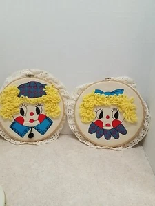 2 Raggedy Ann & Andy Like Stitched Embroidery Rings 10 inch Vintage - Picture 1 of 10