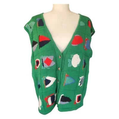 Vintage Cambridge Dry Goods Green Abstract Knit Golf Cardigan Sweater Vest XL - Image 1 of 4