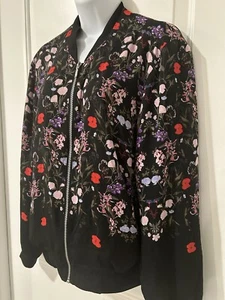 INC International Concepts Black Floral Print Bomber Jacket Size L Zip Up Crepe - Picture 1 of 16