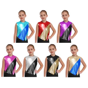 Girls Shiny Dance Crop Tops Metallic Tank Tops Gymnastics Jazz Dance Costumes - Picture 1 of 83