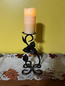 Wrought Iron Scroll Rose Pillar Candlestick Holder Vintage Metal 11 1/2” Tall - Picture 1 of 11
