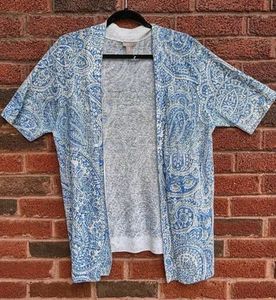 Chicos Women's Size 3 Linen Blend Paisleys Open Cardigan Coastal Beachy Cruise - Picture 1 of 9
