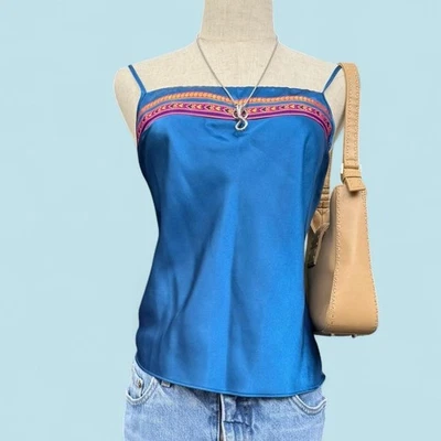 Y2K 90s VTG Blue Satin Jasmine Cami Indie Fairy Gypsy Heart Trim Size Medium - Image 1 of 4