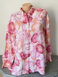 Liz Claiborne XL Linen Pink Floral Long Sleeve Button Up Shirt Flax Ecru Coral - Picture 1 of 5