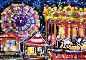 ORIGINAL ACEO Painting CARNIVAL Fair Amusement Park Fireworks Rides Fun ATC ART - Afbeelding 1 van 1