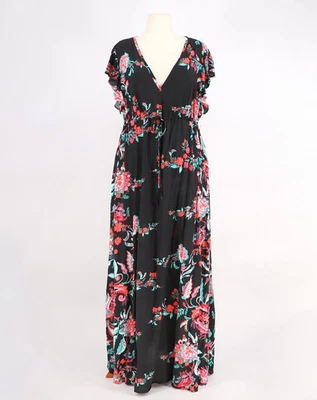 NWT NEW YORK & COMPANY $80 Black Floral Flutter Sleeve Maxi Dress V-Neck Size XL - Image 1 of 4