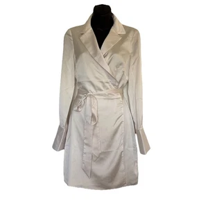 Express Satin True Wrap Dress women S Cream Bridal Holiday Wide Cuffs Lined FLAW - Picture 1 of 15