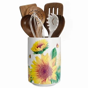 Sunflower Utensil Holder, 6.7" Large Utensil Crock, Ceramic Cooking Utensil H... - Picture 1 of 7