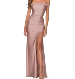 La Femme Off The Shoulder Satin Trumpet Full Length Gown Mauve Pink Size 8 Prom - Picture 1 of 5
