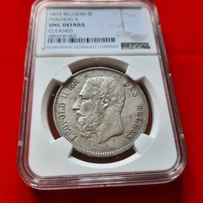Bélgica 1873 5 francos de plata posición A NGC sin circular detalles  Foto 1 de 4