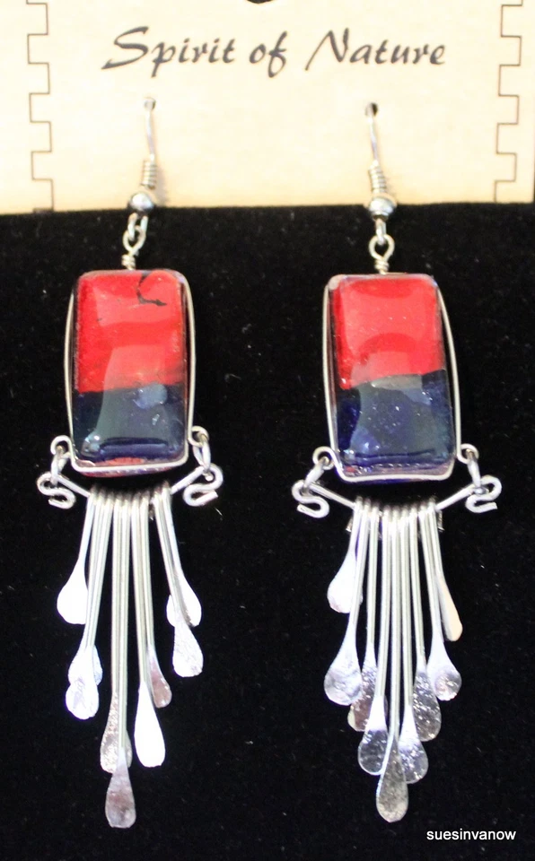 手工制作本土艺术玻璃矩形耳环 3 英寸钩休闲趣味闪亮红色 D — 第 1/1 张图片