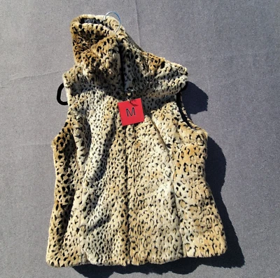 Kristen Blake M Tan Leopard Animal Print Hooded Faux Fur Reversible Vest - Image 1 of 4