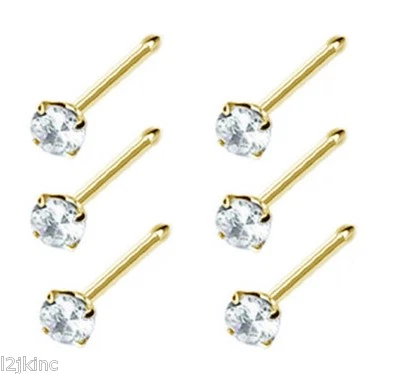 6 pcs 14k Gold Plated Prong Nose Stud Cubic-Zirconia 1.5mm Gem Ball Ended 22G - Image 1 of 2
