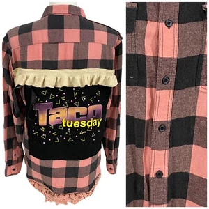 Camisa de Franela Taco Tuesday para Mujer 1X Rosa Cuadros Country Grunge Campamento Reciclada - Imagen 1 de 12