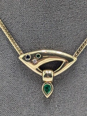 Elegantes Gold Collier 14K)0,585 Gelbgold Smaragd Saphir und Brillant - Bild 1 von 4